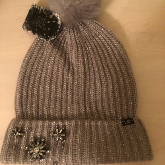 Victoria's Secret Accessories - New Victoria’s Secret Gray Hat w/ Embellishments & Pom Pom